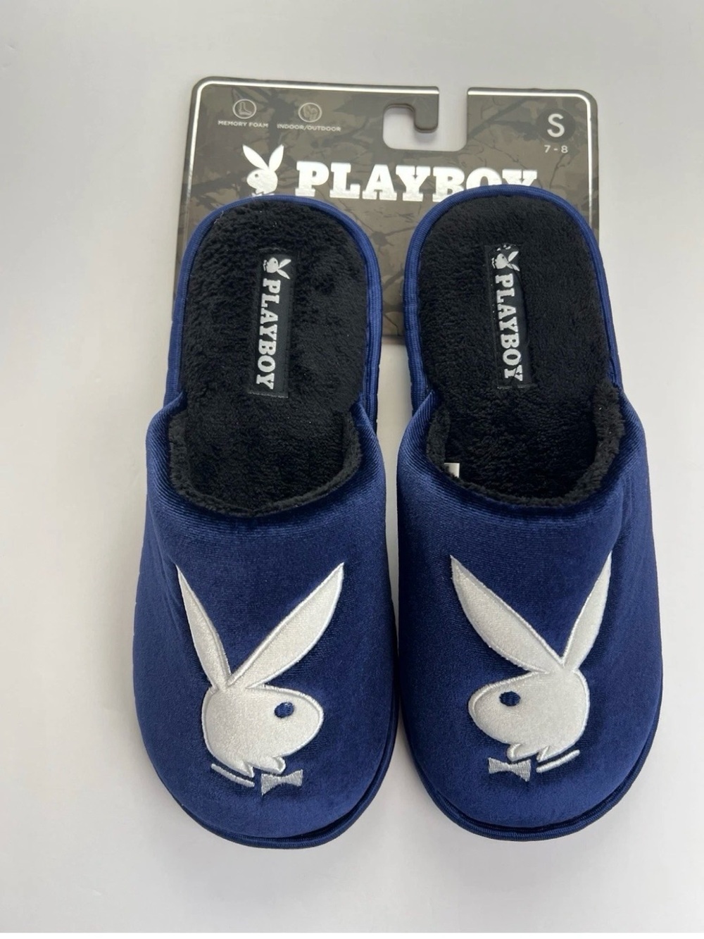 PLAYBOY Memory Foam Indoor Outdoor Navy Blue/White Slippers Mens Sz S (7-8)